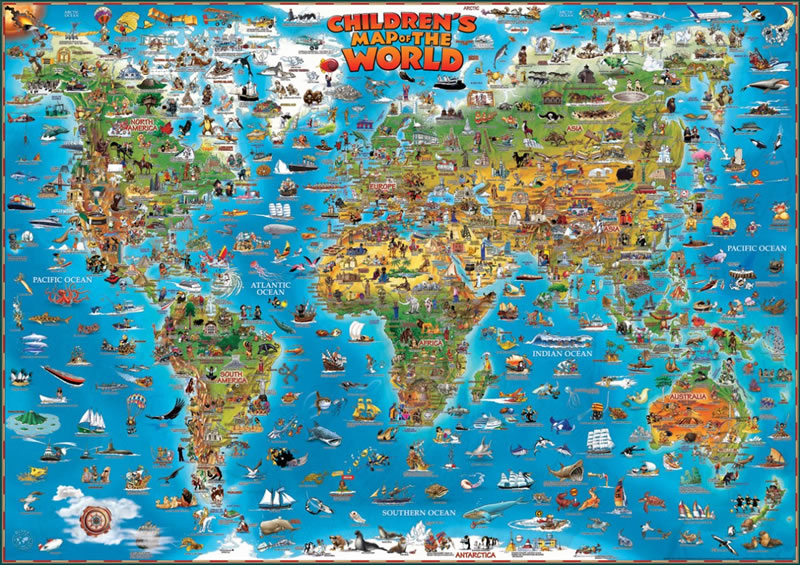immagine di mappa murale mappa murale Planisfero / Grande Mappa del Mondo per bambini - con monumenti, animali e meraviglie naturali - mappa murale del mondo, plastificata - 137 x 97 cm