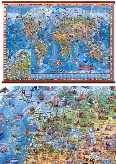 immagine di mappa murale mappa murale Planisfero illustrato 138 x 89 cm - Plastificato e Laminato con Aste in Legno