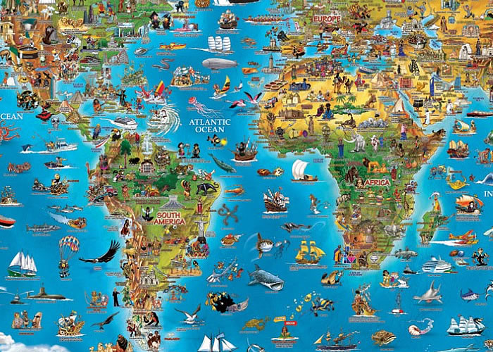 immagine di mappa murale mappa murale Planisfero / Mappa del Mondo per bambini - con monumenti, animali e meraviglie naturali - mappa murale del mondo, plastificata - 137 x 97 cm
