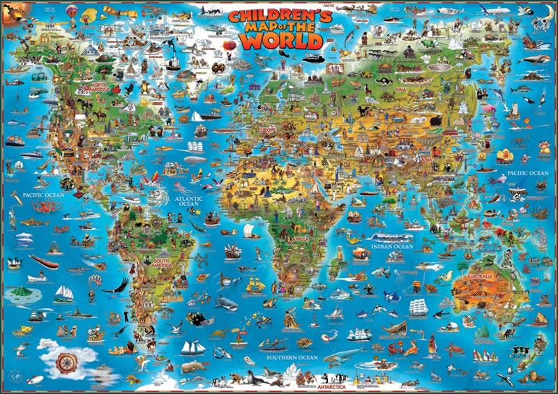 immagine di mappa murale mappa murale Planisfero / Mappa del Mondo per bambini - con monumenti, animali e meraviglie naturali - mappa murale del mondo, plastificata - 137 x 97 cm