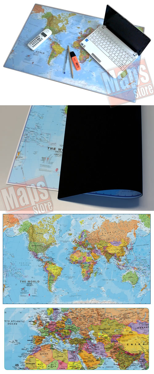 immagine di mappa mappa Planisfero Mousepad - sottomano in gomma flessibile da scrivania / mappa del mondo aggiornata su tappetino mouse - dim. 66 x 42 cm - lavabile, antiscivolo, impermeabile, antiriflesso