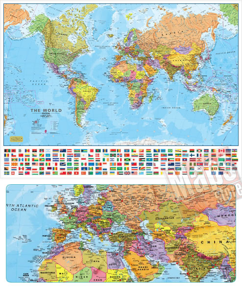 immagine di mappa murale mappa murale Planisfero - mappa murale del mondo - in carta - con bandiere e cartografia di alta qualità - 100 x 70 cm
