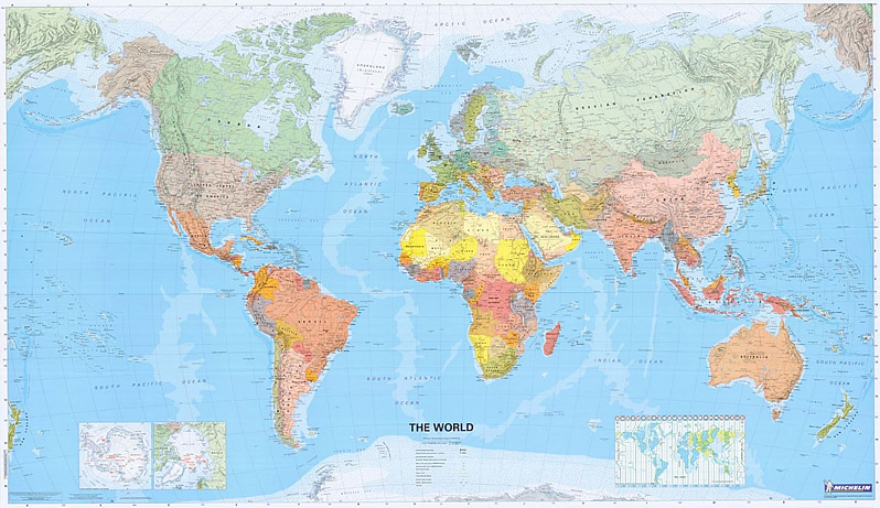 immagine di mappa murale mappa murale Planisfero Politico - mappa murale del mondo, plastificata - con fusi orari e sezioni dei poli - 144 x 84 cm