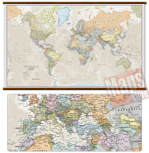 immagine di mappa murale mappa murale Planisfero in stile vintage - 125 x 90 cm - con eleganti aste in legno e ganci in acciaio, facile da applicare a parete - nuova edizione