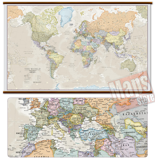 immagine di mappa murale mappa murale Planisfero in stile vintage - plastificato - 205 x 125 cm - con eleganti aste in legno e ganci in acciaio, facile da applicare a parete