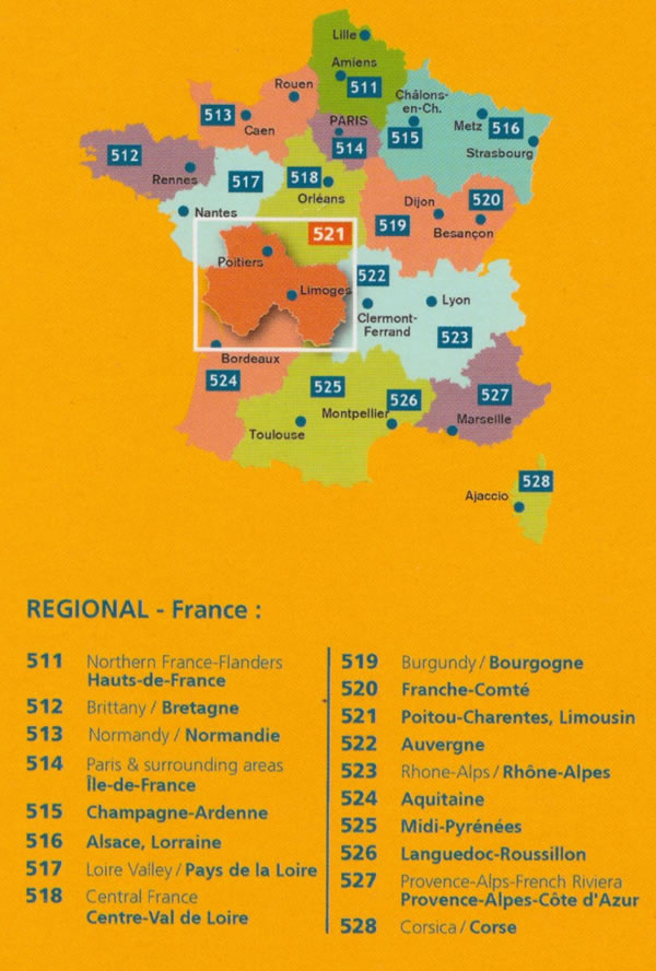 immagine di mappa stradale mappa stradale n. 521 - Poitou-Charentes Limousin - con Poitiers, Châtellerault, Montmorillon, Parthenay, Bressuire, Niort, Confolens, Angoulême, Cognac, Jonzac, Saintes, Saint-Jean-d'Angély, Rochefort, La Rochelle, Ile d'Oléron, Ile de Ré - mappa stradale con stazioni di servizio e autovelox - edizione 2026