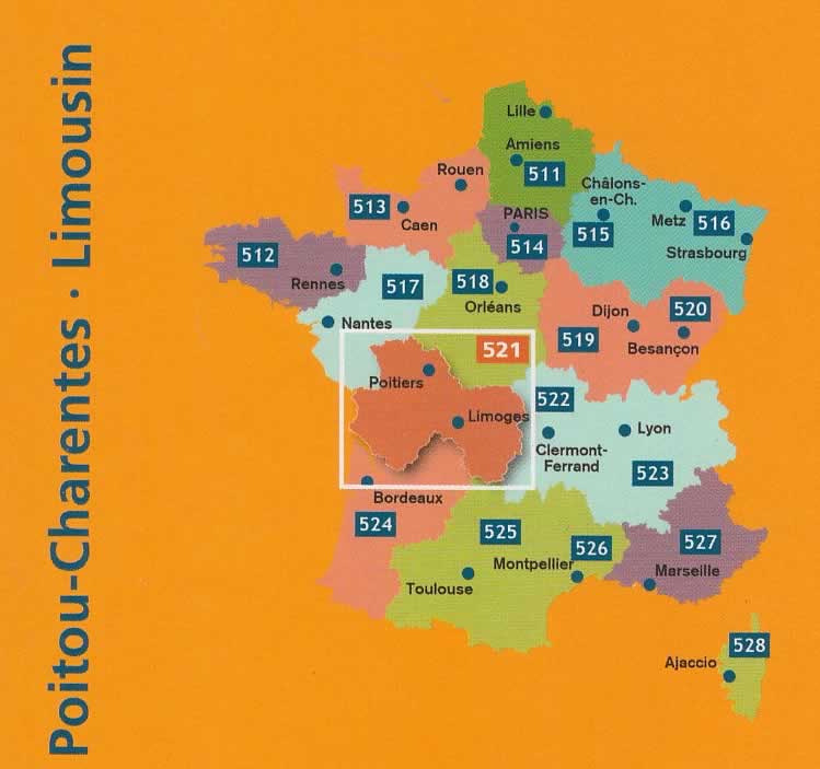 immagine di mappa stradale mappa stradale n. 521 - Poitou-Charentes - con Poitiers, Châtellerault, Montmorillon, Parthenay, Bressuire, Niort, Confolens, Angoulême, Cognac, Jonzac, Saintes, Saint-Jean-d'Angély, Rochefort, La Rochelle, Ile d'Oléron, Ile de Ré - mappa stradale con stazioni di servizio e autovelox - nuova edizione