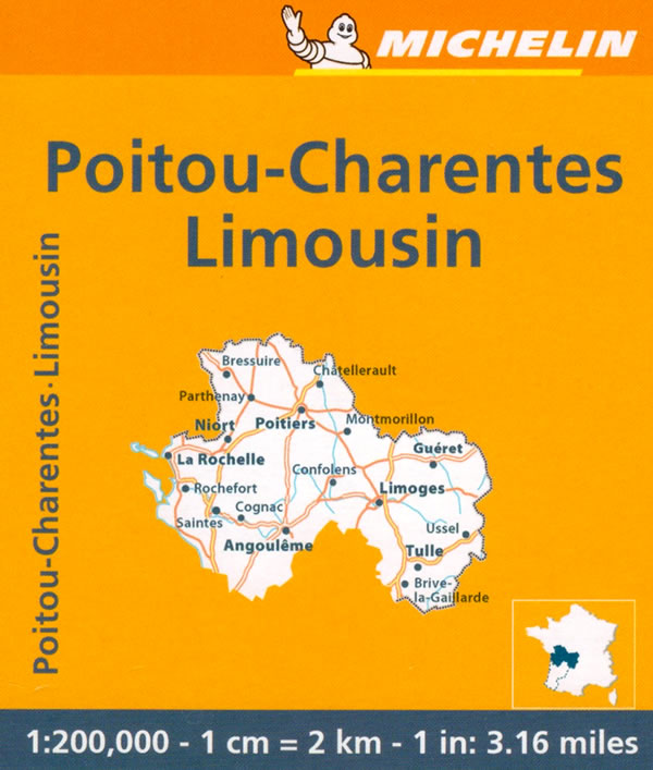 immagine di mappa stradale mappa stradale n. 521 - Poitou-Charentes - con Poitiers, Châtellerault, Montmorillon, Parthenay, Bressuire, Niort, Confolens, Angoulême, Cognac, Jonzac, Saintes, Saint-Jean-d'Angély, Rochefort, La Rochelle, Ile d'Oléron, Ile de Ré - mappa stradale con stazioni di servizio e autovelox - nuova edizione