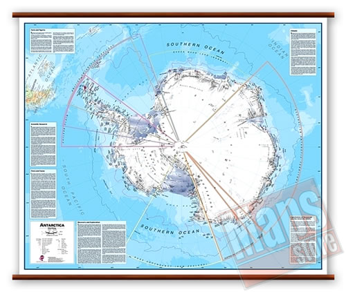 immagine di mappa murale mappa murale Polo Sud (Antartico / Antarctica) - mappa murale plastificata, laminata, scrivibile e lavabile, con aste in legno e ganci in acciaio - 125 x 100 cm