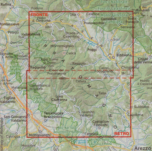 immagine di mappa topografica mappa topografica Pratomagno - carta dei sentieri - con sentieri CAI numerati, Ciclovia dell'Arno, Vie di Francesco, Via Romea Germanica, sorgenti, cascate, punti panoramici, aree pic-nic e campeggi - dintorni di Vallombrosa, Montemignaio, Poppi, Bibbiena, Stia, Pratovecchio, Passo della Consuma, Camaldoli, Monte Falterona, Campigna, Loro Ciuffenna, Terranuova Bracciolini, Castiglion Fibocchi, Montevarchi - nuova edizione