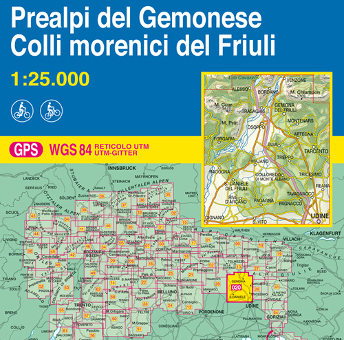 immagine di mappa topografica mappa topografica n.020 - Prealpi Carniche e Giulie del Gemonese, colli morenici del Friuli - con M. Prat, M. Cuar, Forgaria, Osoppo, Trasaghis, Bordano, Gemona del Friuli, Artegna, Tarcento, Treppo, Majano, Tarcento, Tavagnacco, Fagagna, S. Daniele del Friuli, Udine - con reticolo UTM compatibile con sistemi GPS