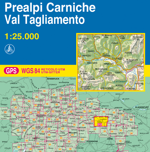 immagine di mappa topografica mappa topografica n.013 - Prealpi Carniche, Val Tagliamento - con Tolmezzo, M. Arvenis, Arta Terme, M. Sernio, Zuglio, Ovaro, Col Gentile, Raveo, Ampezzo, Villa Santina, Illegio, M. Amariana, Cavazzo, Verzegnis, Socchieve, Passo di M. Rest, M. Valcalda, Tramonti di Sopra, S. Francesco, Alesso, Lago di Cavazzo, Bordano, Venzone, Carnia - con reticolo UTM compatibile con GPS