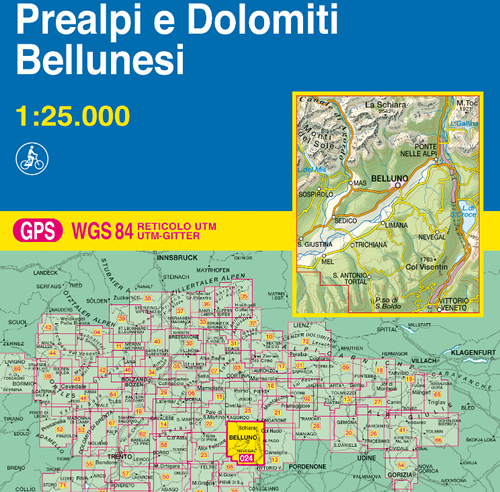 immagine di mappa topografica mappa topografica n.024 - Prealpi e Dolomiti Bellunesi - con reticolo UTM compatibile con sistemi GPS - edizione 2019