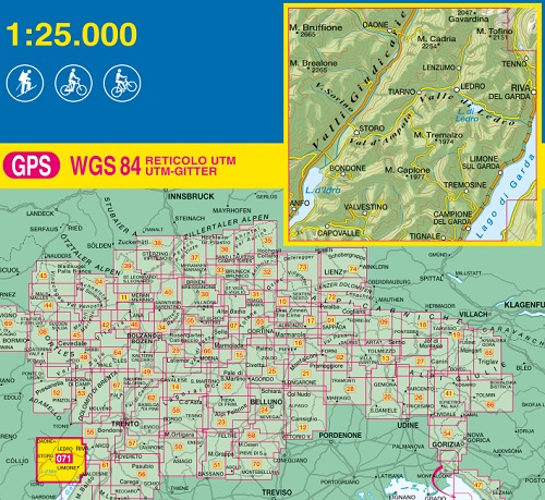 immagine di mappa topografica mappa topografica n.071 - Prealpi Gardesane, Tremalzo, Valle di Ledro, Lago d'Idro - Riva del Garda, Tenno, Lenzumo, M. Cadria, M. Tofino, Gavardina, Tiarno, Storo, Valli Giudicarie, M. Brealone, M. Bruffione, Daone, V. Sorino, Bondone, Val d'Ampola - con reticolo UTM compatibile con sistemi GPS - nuova edizione
