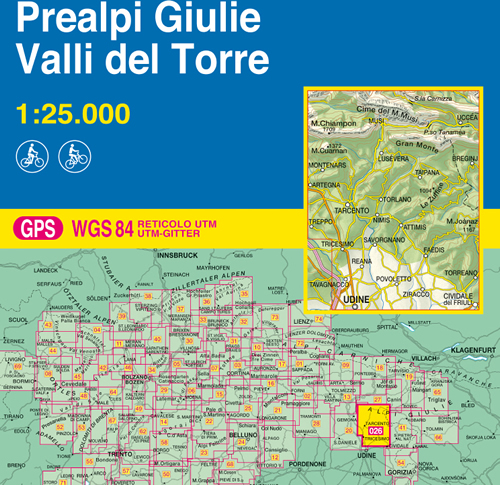 immagine di mappa topografica mappa topografica n.026 - Prealpi Giulie, Valli del Torre - Cime del Monte Musi, Gran Monte, M. Cuaman, Lusevera, Taipana, Torlano, Nimis, Tarcento, Treppo, Artegna, Savorgnano, Faedis, Torreano, Povoletto, Reana, Tricesimo, Cividale del Friuli, Udine - con reticolo UTM compatibile con sistemi GPS