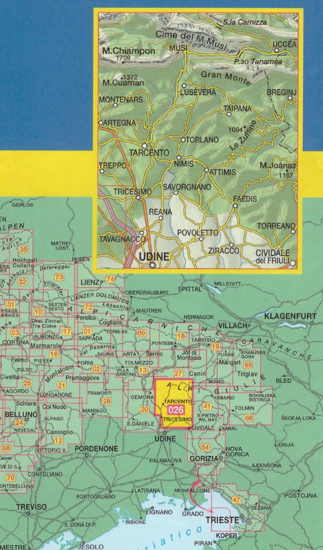 immagine di mappa topografica mappa topografica n.026 - Prealpi Giulie, Valli del Torre - Cime del Monte Musi, Gran Monte, M. Cuaman, Lusevera, Taipana, Torlano, Nimis, Tarcento, Treppo, Artegna, Savorgnano, Faedis, Torreano, Povoletto, Reana, Tricesimo, Cividale del Friuli, Udine - con reticolo UTM compatibile con sistemi GPS