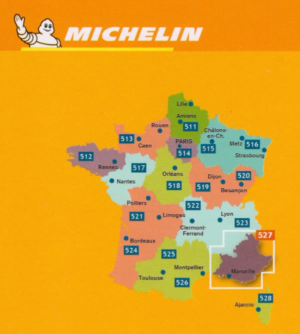 immagine di mappa stradale mappa stradale Provenza, Costa Azzurra, Alpi / Provence, Alpes, Côte d'Azur - con Avignon, Nimes, Aries, Aix-en-Provence, Draguignan, Grasse, Menton, Monte Carlo, Monaco, Nice / Nizza, Antibes, Cannes, Fréjus, Saint-Tropez, Porquerolles, Port-Cros, Toulon, La Ciotat, Cassis, Marseille / Marsiglia, Camargue, Digne-les-Bains, Carpentras, Gap, Briançon - mappa stradale Michelin n. 527 - con stazioni di servizio e autovelox - EDIZIONE 2023