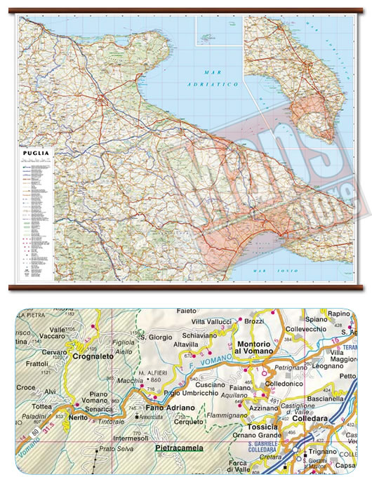 immagine di mappa murale mappa murale Puglia - mappa murale con cartografia dettagliata ed aggiornata - plastificata, con eleganti aste in legno - 108 x 86 cm - nuova edizione