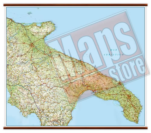 immagine di mappa murale mappa murale Puglia - mappa murale plastificata con eleganti aste in legno - cartografia dettagliata ed aggiornata - 108 x 86 cm