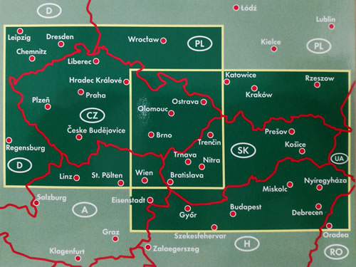 immagine di mappa stradale mappa stradale Repubblica Ceca e Slovacca - mappa stradale con luoghi panoramici, distanze stradali, indice delle località - edizione 2022