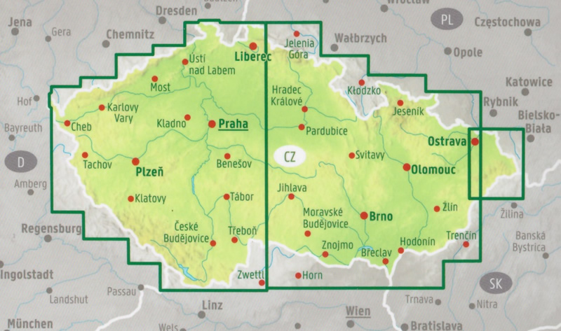 immagine di mappa stradale mappa stradale Repubblica Ceca - mappa stradale con luoghi panoramici, distanze stradali, indice delle località - con Praga, Liberec, Plzen, Brno, Olomouc, Ostrava - edizione 2025