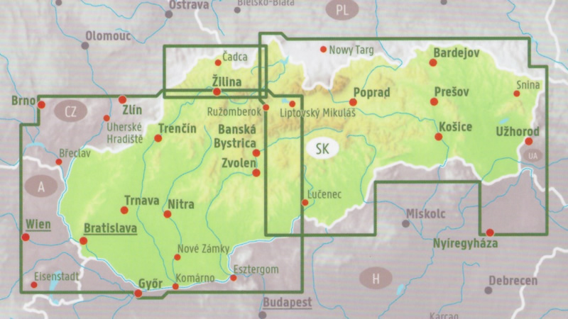 immagine di mappa stradale mappa stradale Repubblica Slovacca - mappa stradale con luoghi panoramici, distanze stradali, indice delle località - con Bratislava, Trnava, Nitra, Gyor, Zvolen, Bystrica, Banska, Trencin, Zilina, Poprad, Presov, Kosice, Bardejov, Uzhorod - edizione 2023