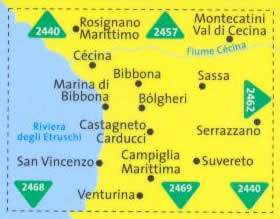 immagine di mappa topografica mappa topografica n.2461 - Riviera degli Etruschi - con Rosignano, Cecina, San Vincenzo, Campiglia Marittima, Bibbona, Sassa, Bolgheri, Serrazzano, Castagneto Carducci, Suvereto, Venturina - plastificata, compatibile con GPS