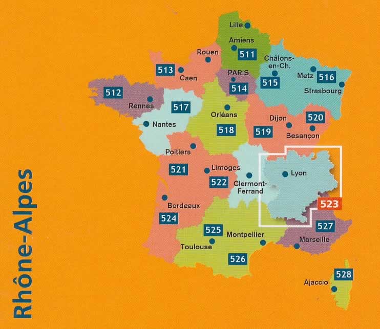 immagine di mappa stradale mappa stradale n. 523 - Rodano-Alpi / Rhone-Alps - con Lyon / Lione, Saint-Étienne, Vienne, Villefranche-sur-Saône, Roanne, Bourg-en-Bresse, Mâcon, Nantua, La Tour-du-Pin, Belley, Chambéry, Annecy, Bonneville, Saint-Julien-en-Genevois, Genève / Ginevra, Thonon-les-Bains, Mont Blanc / Monte Bianco, Albertville, Savoie / Savoia, Saint-Jean-de-Maurienne, Grenoble, Die, Valence, Nyons, Tournon-sur-Rhône, Privas, Largentière - mappa stradale con stazioni di servizio e autovelox - Edizione Dicembre 2023
