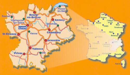 immagine di mappa stradale mappa stradale n. 523 - Rodano-Alpi / Rhone-Alps - con Lyon / Lione, Saint-Étienne, Vienne, Villefranche-sur-Saône, Roanne, Bourg-en-Bresse, Mâcon, Nantua, La Tour-du-Pin, Belley, Chambéry, Annecy, Bonneville, Saint-Julien-en-Genevois, Genève / Ginevra, Thonon-les-Bains, Mont Blanc / Monte Bianco, Albertville, Savoie / Savoia, Saint-Jean-de-Maurienne, Grenoble, Die, Valence, Nyons, Tournon-sur-Rhône, Privas, Largentière - mappa stradale con stazioni di servizio e autovelox - nuova edizione