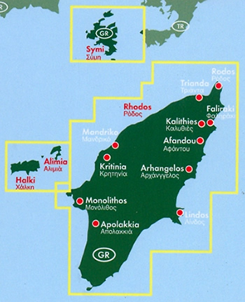 immagine di mappa stradale mappa stradale Rodi - Rhodos / Rhodes - con isole di Symi, Halki, Alimia - nuova edizione