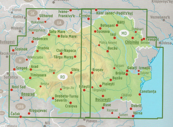 immagine di mappa stradale mappa stradale Romania, Moldova / Moldavia - con Bucarest, Cluj Napoca, Timisoara, Iasi, Costanza, Craiova, Brasov, Galati, Ploiesti, Oradea, Braila, Arad, Pitesti, Sibiu, Bacau, Chisinau, Tiraspol, Balti, Tighina, Rabnita - EDIZIONE 2026