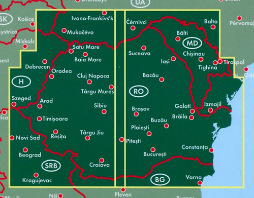 immagine di mappa stradale mappa stradale Romania, Moldova / Moldavia - con Bucarest, Cluj Napoca, Timisoara, Iasi, Costanza, Craiova, Brasov, Galati, Ploiesti, Oradea, Braila, Arad, Pitesti, Sibiu, Bacau, Chisinau, Tiraspol, Balti, Tighina, Rabnita - edizione 2022