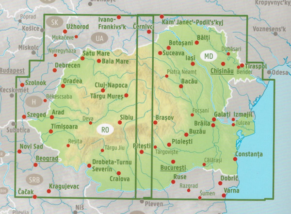 immagine di mappa stradale mappa stradale Romania, Moldova / Moldavia - con Bucarest, Cluj Napoca, Timisoara, Iasi, Costanza, Craiova, Brasov, Galati, Ploiesti, Oradea, Braila, Arad, Pitesti, Sibiu, Bacau, Chisinau, Tiraspol, Balti, Tighina, Rabnita - EDIZIONE 2024