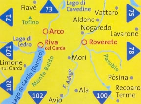 immagine di mappa topografica mappa topografica n.101 - Rovereto, Monte Pasubio, Monte Baldo, Limone sul Garda, Riva del Garda, Lago di Ledro, Tofino, Fiavé, Arco, Vattaro, Lavarone, Mori, Ala, Avio, Pòsina, Recoaro Terme - con sentieri CAI, percorsi MTB, vie ferrate e funivie - nuova edizione