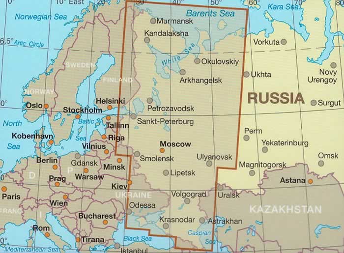 immagine di mappa stradale mappa stradale Russia occidentale - con Murmansk, Petrozavodsk, San Pietroburgo, Yaroslavl, Mosca, Voronezh, Saratov, Kharkiv, Donetsk, Volgograd, Astrakhan, Makhachkala - mappa impermeabile e antistrappo - nuova edizione