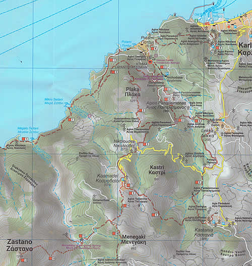 immagine di mappa stradale mappa stradale Samos - mappa escursionistica con strade, sentieri, spiagge e luoghi panoramici - edizione 2025