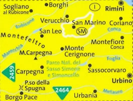 immagine di mappa topografica mappa topografica n.2455 - San Marino, San Leo, Urbino, Urbania, Montefeltro, M. Carpegna, M. Cerignone, Sassocorvaro, Rimini, Parco Naturale del Sasso Simone e Simoncello - mappa plastificata, compatibile con GPS - nuova edizione