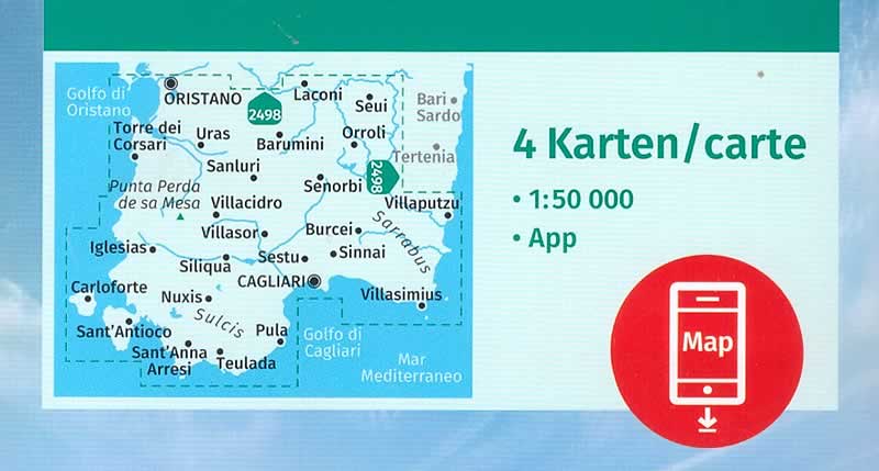 immagine di mappa topografica mappa topografica Sardegna del Sud - set di 4 mappe escursionistiche con sentieri per il trekking e MTB, con spiagge e luoghi panoramici - Kompass n.2499 - mappe compatibili con GPS - nuova edizione