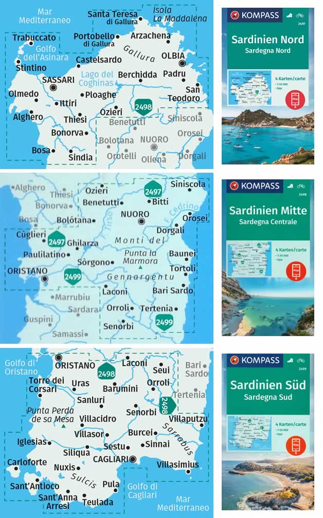 immagine di mappa topografica mappa topografica Sardegna - set di 12 mappe escursionistiche Kompass (4 mappe per Sardegna Nord, 4 per Sardegna centrale, 4 per Sardegna Sud) con sentieri numerati per il trekking e mountain-bike, con spiagge, agriturismi, luoghi panoramici, tipi di vegetazione, rilievi e altimetrie, sorgenti, grotte, parchi e riserve naturali - mappe compatibili con GPS - EDIZIONE Luglio 2023