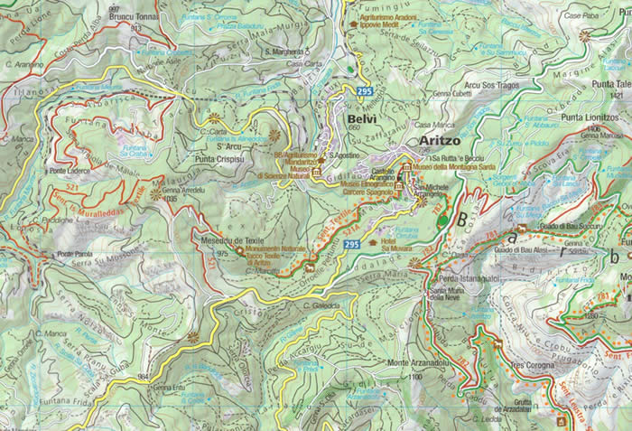 immagine di mappa topografica mappa topografica Sardegna - set di 12 mappe escursionistiche Kompass (4 mappe per Sardegna Nord, 4 per Sardegna centrale, 4 per Sardegna Sud) con sentieri numerati per il trekking e mountain-bike, con spiagge, agriturismi, luoghi panoramici, tipi di vegetazione, rilievi e altimetrie, sorgenti, grotte, parchi e riserve naturali - mappe compatibili con GPS - EDIZIONE Luglio 2023