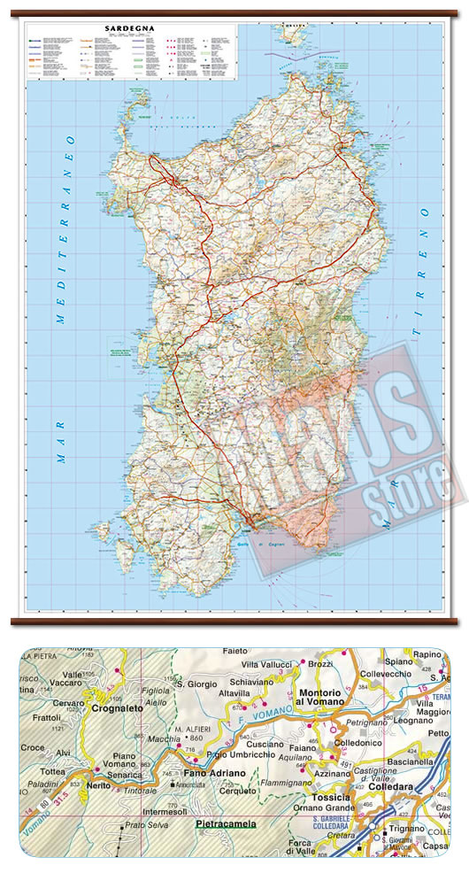 immagine di mappa murale mappa murale Sardegna - mappa murale con cartografia dettagliata ed aggiornata - plastificata, con eleganti aste in legno - 86 x 119 cm - nuova edizione