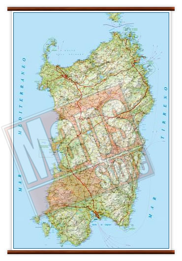 immagine di mappa murale mappa murale Sardegna - mappa murale plastificata con eleganti aste in legno - cartografia dettagliata ed aggiornata - 86 x 119 cm