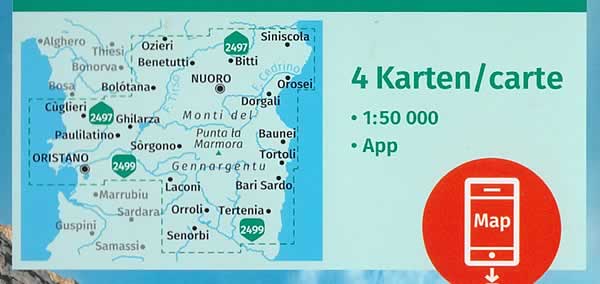 immagine di mappa topografica mappa topografica Sardegna centrale - con Nuoro, Oristano, Dorgali, Laconi, Baunei - set di 4 mappe escursionistiche Kompass n.2498 - con sentieri numerati per il trekking e mountain-bike, con spiagge, agriturismi, luoghi panoramici, tipi di vegetazione, rilievi e altimetrie, sorgenti, grotte, parchi e riserve naturali - mappe compatibili con GPS - nuova edizione