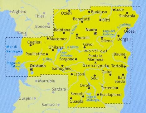 immagine di mappa topografica mappa topografica n.2498 - Sardegna centrale - Ozieri, Budduso, Lode, Siniscola, Bitti, Nuoro, Cuglieri, Oristano, Monti del Gennargentu, Tortoli, Baunei, Orosei, Guasila, Laconi- Set di 4 mappe escursionistiche con sentieri per il trekking e MTB - compatibili con GPS - edizione Dicembre 2022