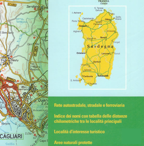 immagine di mappa stradale mappa stradale Sardegna - mappa stradale e turistica - con rete autostradale, stradale e ferroviaria, indice dei nomi, distanze stradali, luoghi panoramici e aree naturali - nuova edizione