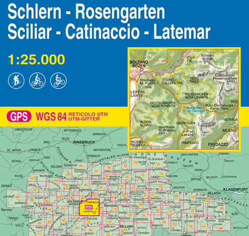 immagine di mappa topografica mappa topografica n.029 - Sciliar / Schlern, Catinaccio / Rosengarten, Latemar / Regglberg - Bolzano, Collepietra, M. Pozza, Laives, Lago di Carezza, Nova Levante, Nova Ponente, Aldino, C. Bianco, Pampeago, Predazzo, Moena, Soraga, Passo Costalunga, Vigo, Tires, Trodena - con reticolo UTM compatibile con sistemi GPS - nuova edizione