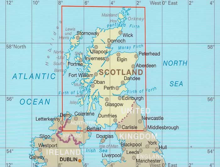 immagine di mappa stradale mappa stradale Scozia - con Edimburgo/Edimburgh, Glasgow, Newcastle, Belfast, Isole Shetland, Orkney Islands, Isola di Lewis - mappa stradale impermeabile e antistrappo - EDIZIONE Luglio 2023