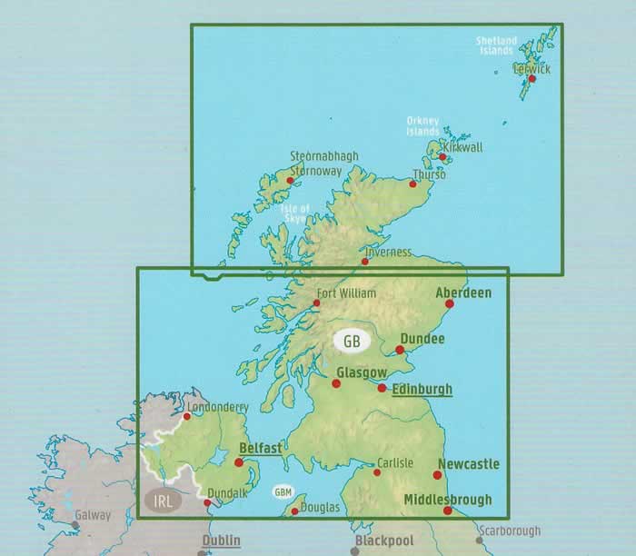 immagine di mappa stradale mappa stradale Scozia e Inghilterra del Nord - con Thurso, Aberdeen, Edinburgo/Edinburgh, Glasgow, Newcastle, Belfast