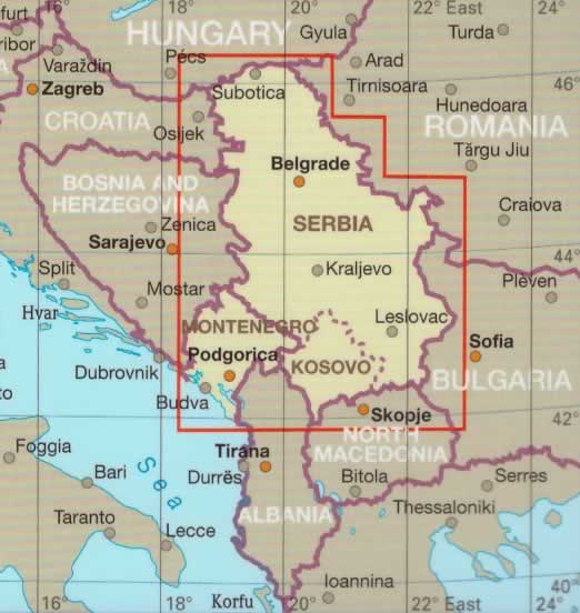 immagine di mappa stradale mappa stradale Serbia, Montenegro e Kosovo - con Podgorica, Dakovica, Prizren, Pristina, Skopje, Nis, Belgrado/Beograd, Subotica, Sombor - mappa impermeabile e antistrappo - nuova edizione