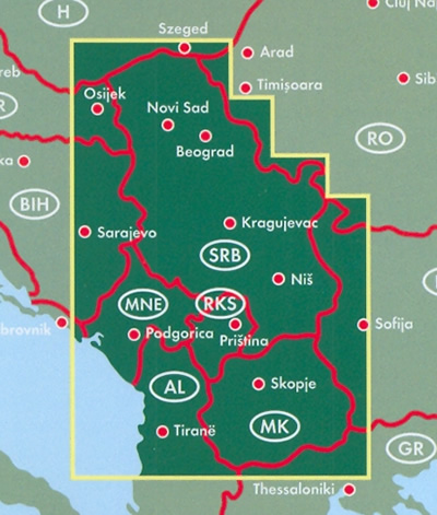 immagine di mappa stradale mappa stradale Serbia, Montenegro, Macedonia, Nord dell'Albania (con Tirana) - mappa stradale con luoghi panoramici, parchi e riserve naturali - edizione 2025